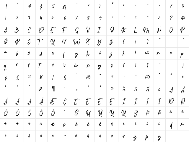 Algenta Font Regular  glyph index
