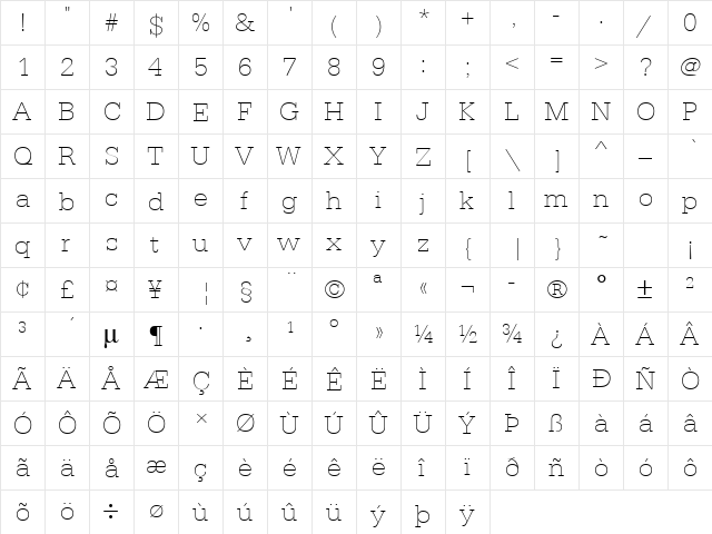 URWTypewriterTExtLigWid Regular  glyph index