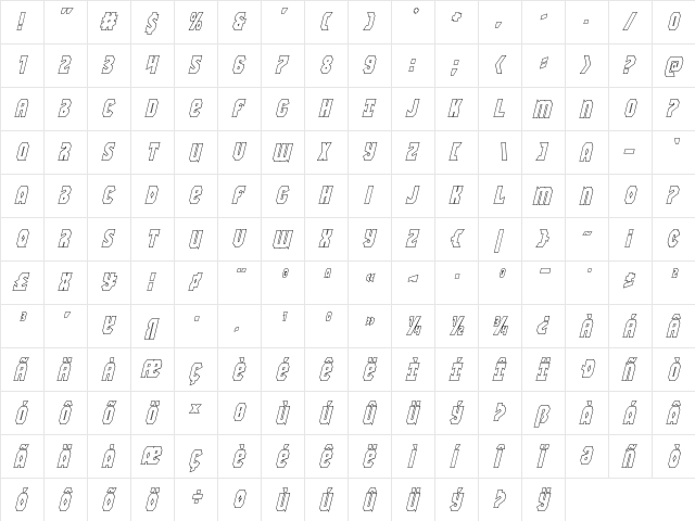 Warrior Nation Outline Italic Italic  glyph index
