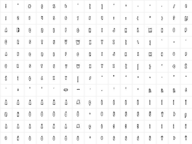 Leatherface Bold Outline Bold  glyph index