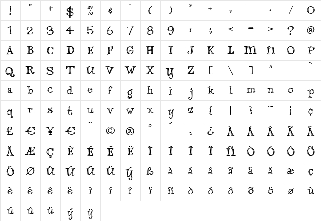 Dannette Outline Regular  glyph index