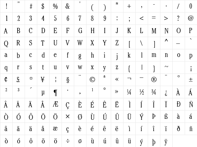 CheltenhamLightCondSSK Regular  glyph index