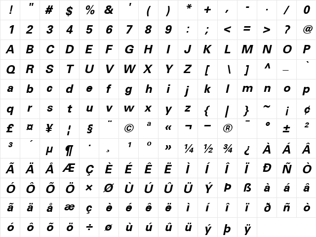 Univers65 BoldItalic  glyph index