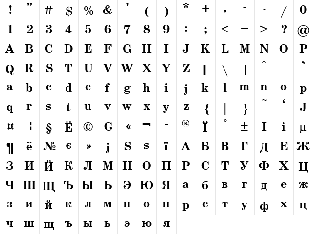 Shkolnaya Bold  glyph index