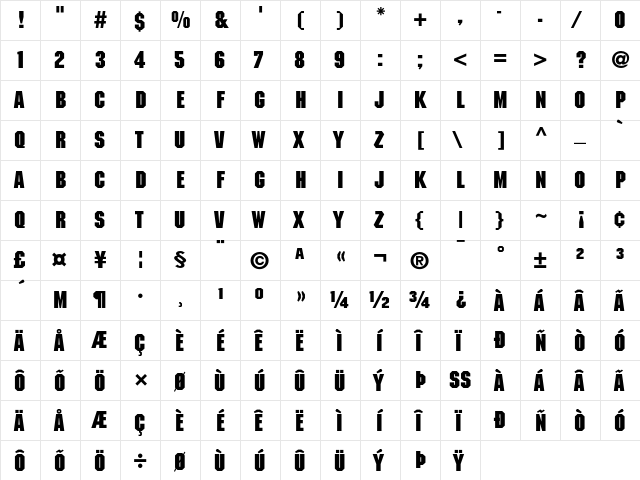 ITC Machine Bold  glyph index