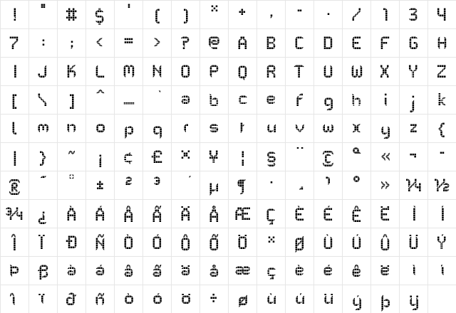 PF Mechanica B Pro GridOne  glyph index