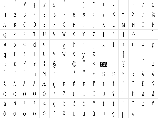 GriffonCondensedLight Regular  glyph index