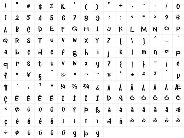 Royum Bread Regular  glyph index