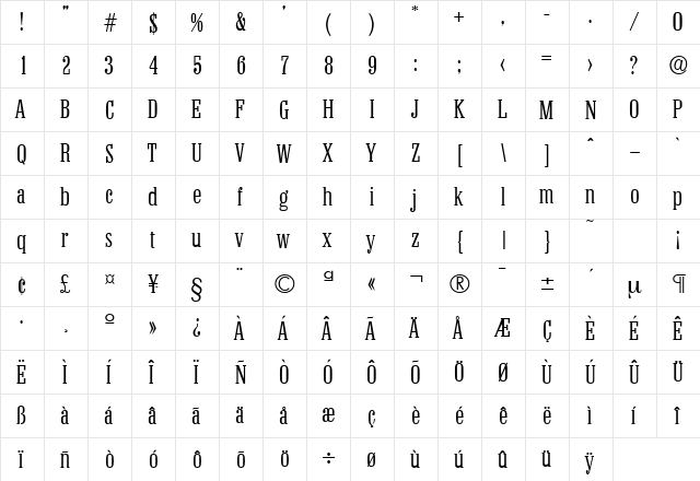 Colonel-Serial-Light Regular  glyph index
