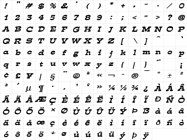 Expose Wide BoldItalic  glyph index