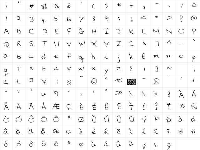 AlinasHand Regular  glyph index