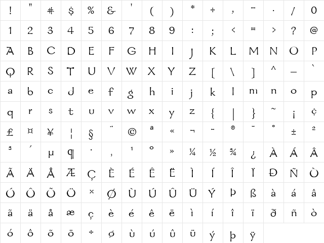 Galahad Regular  glyph index