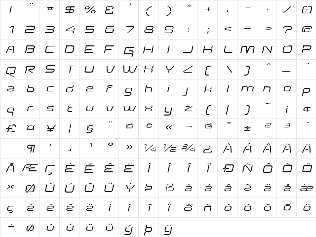 Aunchanted Expanded Oblique Regular  glyph index