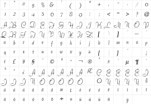 Bernhard Regular  glyph index