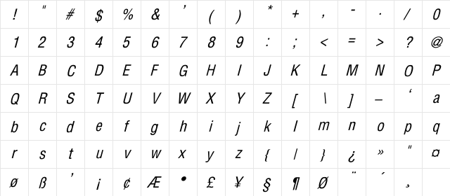 Helvetica-Condensed-Thin Italic Italic  glyph index