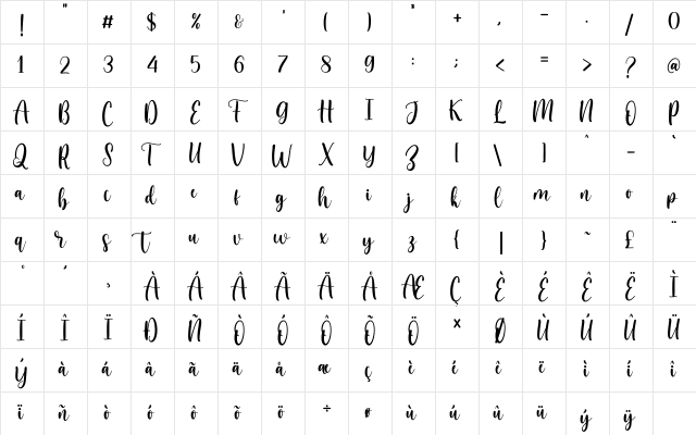 Bella Sohfia DEMO Regular  glyph index