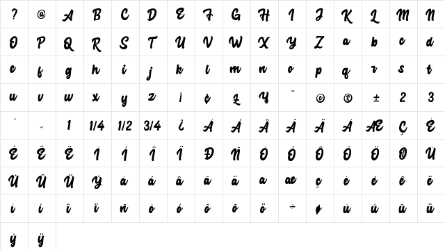 Advocate Script Regular  glyph index