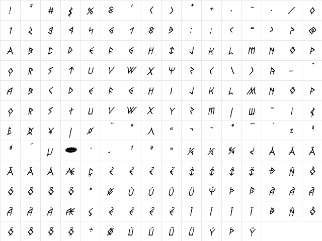 Rune Slasher Bold Italic Bold Italic  glyph index