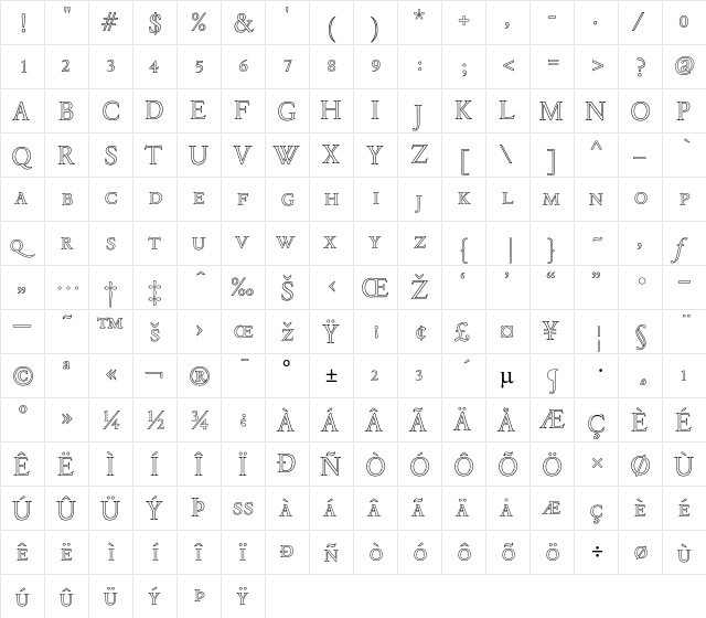 DTLElzevirTCapsOutline Regular  glyph index