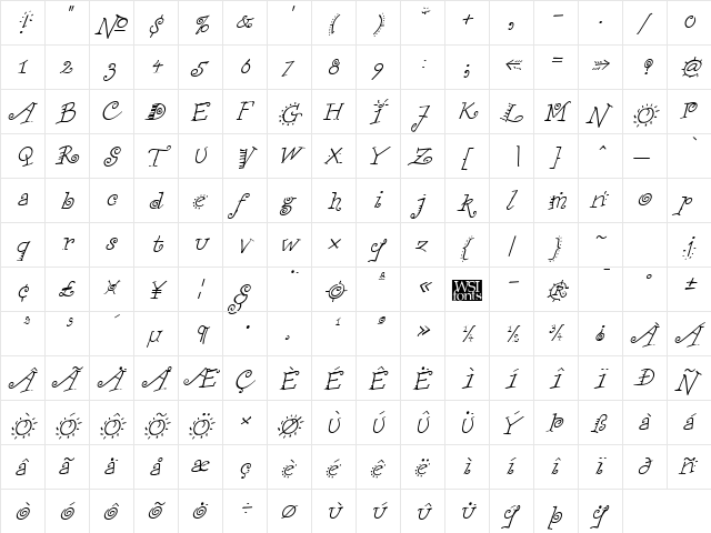 FunstuffXitalic Regular  glyph index