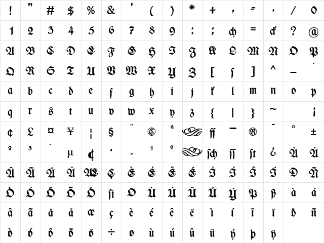 Wieynk Fraktur Bold  glyph index