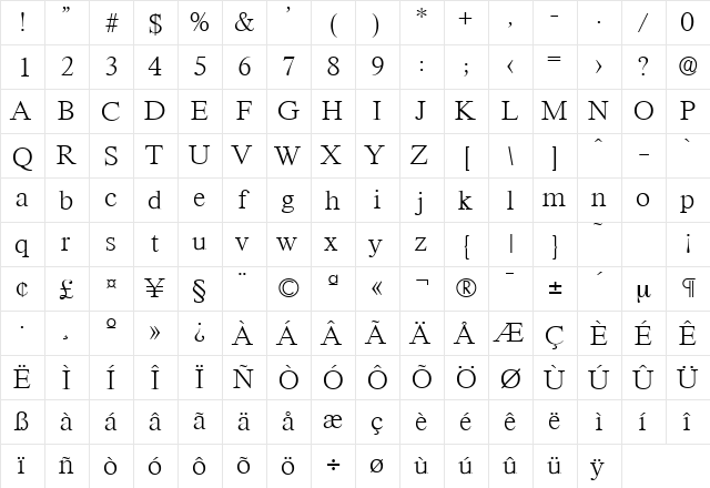 Riccione-Serial-ExtraLight Regular  glyph index