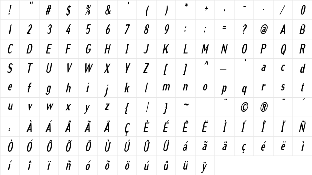 GrinderCondensed Italic  glyph index
