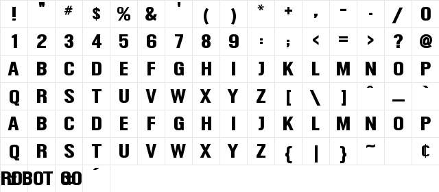 Robot Go Regular  glyph index