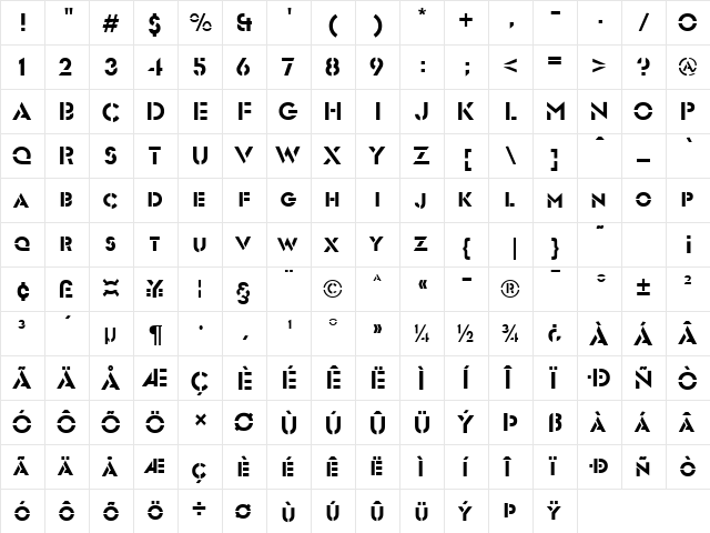FZ JAZZY 54 Regular  glyph index