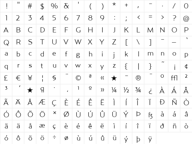 RelayWide-Light Regular  glyph index