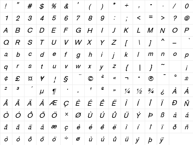Sage Oblique  glyph index