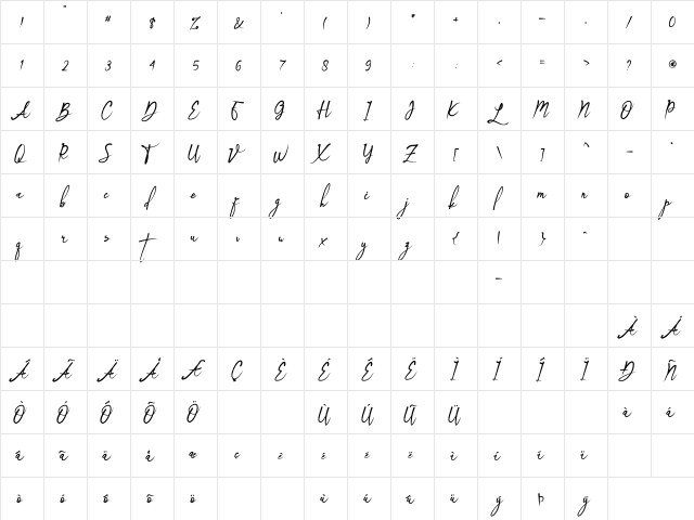 Bridesmaid Regular  glyph index
