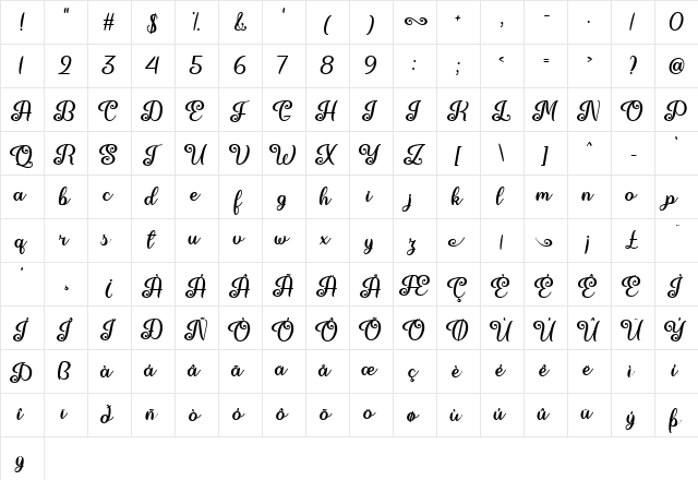 June Calligraphy Regular  glyph index