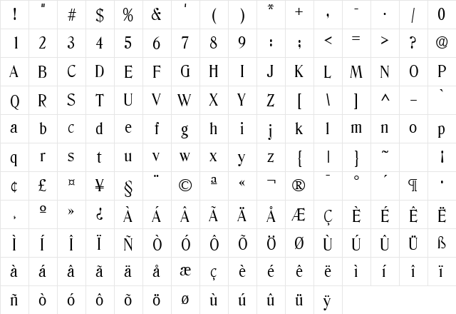 Blue Ridge SF Regular  glyph index