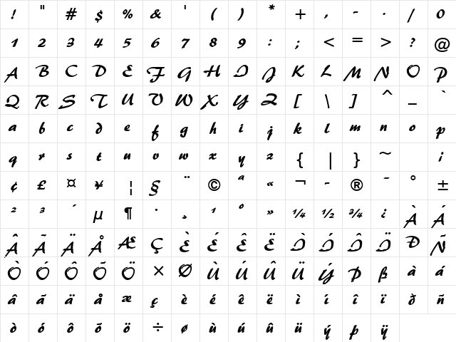 Brushstroke 35 Bold  glyph index