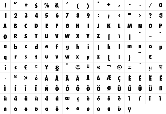 Limerick-ExtraBoldCond Regular  glyph index