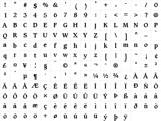 Caxton LT Book Bold  glyph index