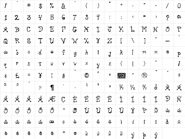 Freaky Regular  glyph index