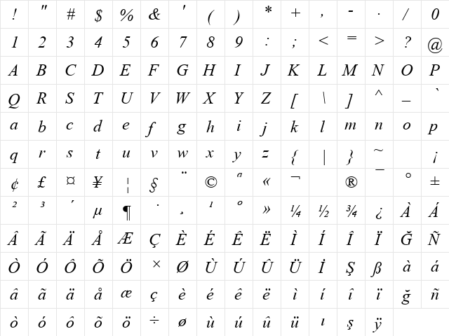 Times New Roman Digiscream Italic  glyph index