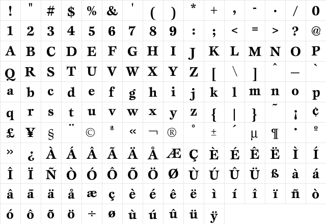 Esprit Bold  glyph index