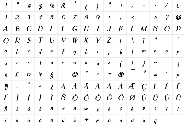 Paris Bold Italic  glyph index