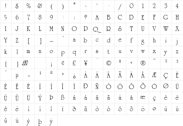 Academia SSi Regular  glyph index
