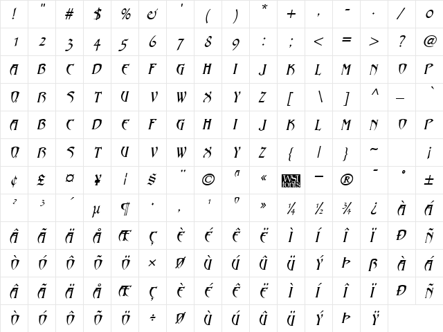 Hadjii Italic  glyph index