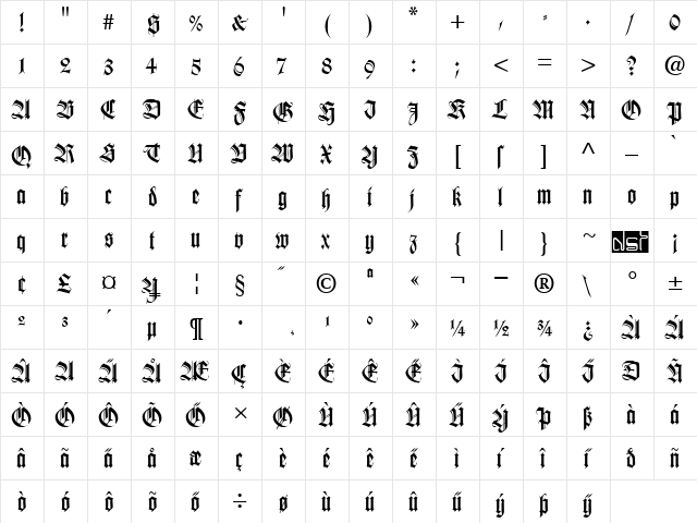 Wilhelm Klingspor Gotisch Regular  glyph index