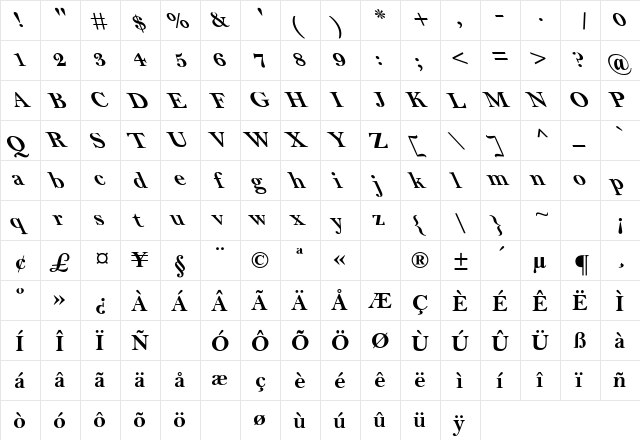 MBell Bold Leftie Regular  glyph index