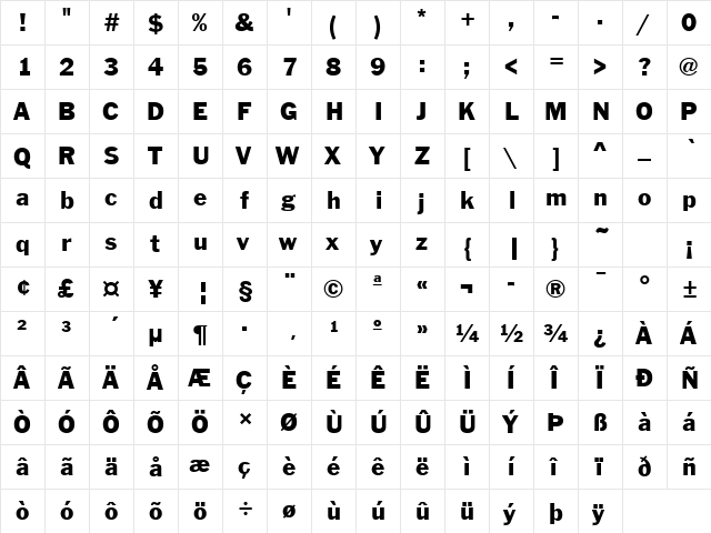 FranklinGotTReg Regular  glyph index