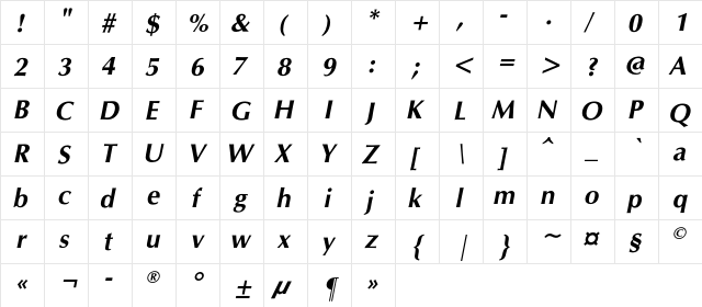 CG-OmegaC Bold Italic  glyph index