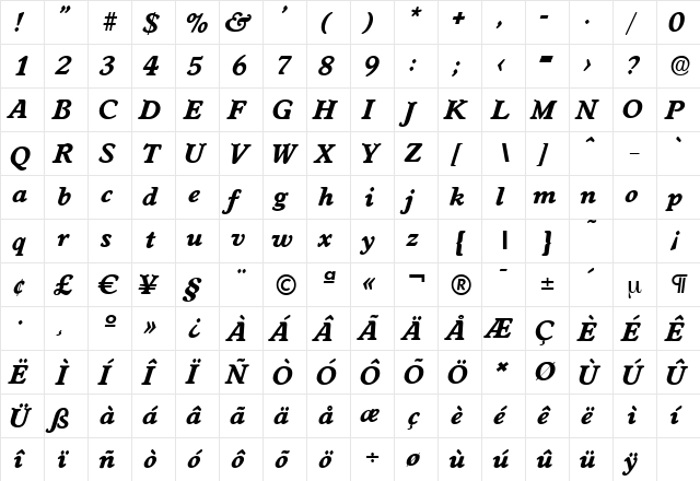 WorcesterSerial-Xbold Italic  glyph index