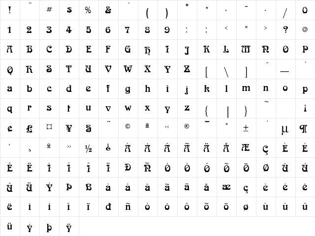 BD Bockloo Regular  glyph index