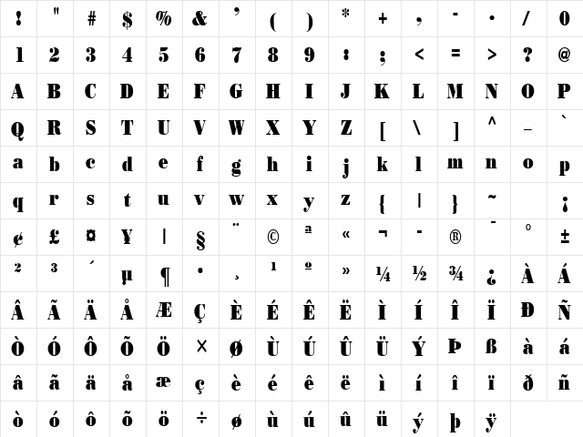 Beau Condensed Normal  glyph index